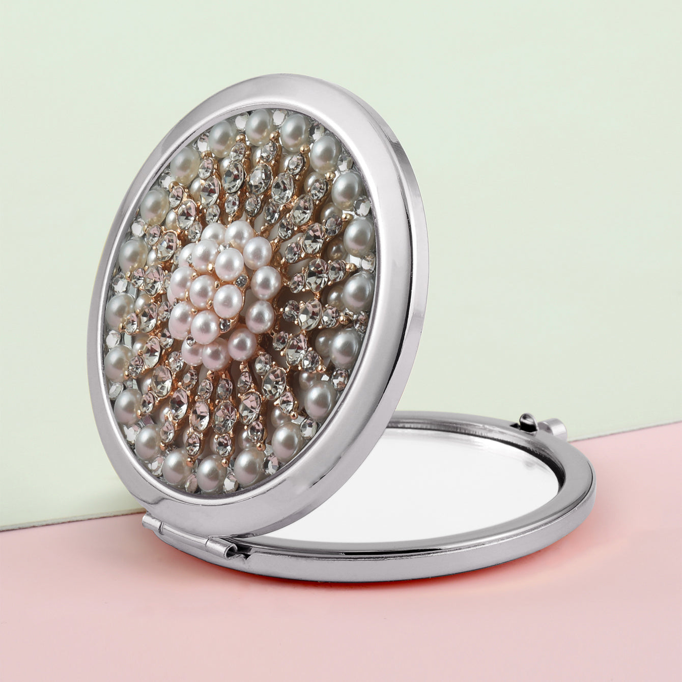 1 PC Metal Frame Double-Sided Makeup Mirror With Button Switch And Crystal Decor Elegant Design For Precision Makeup Sturdy Iron Construction Ideal Gift For Mother Daughter Sister Girlfriend Perfect For Home Office Travel And More