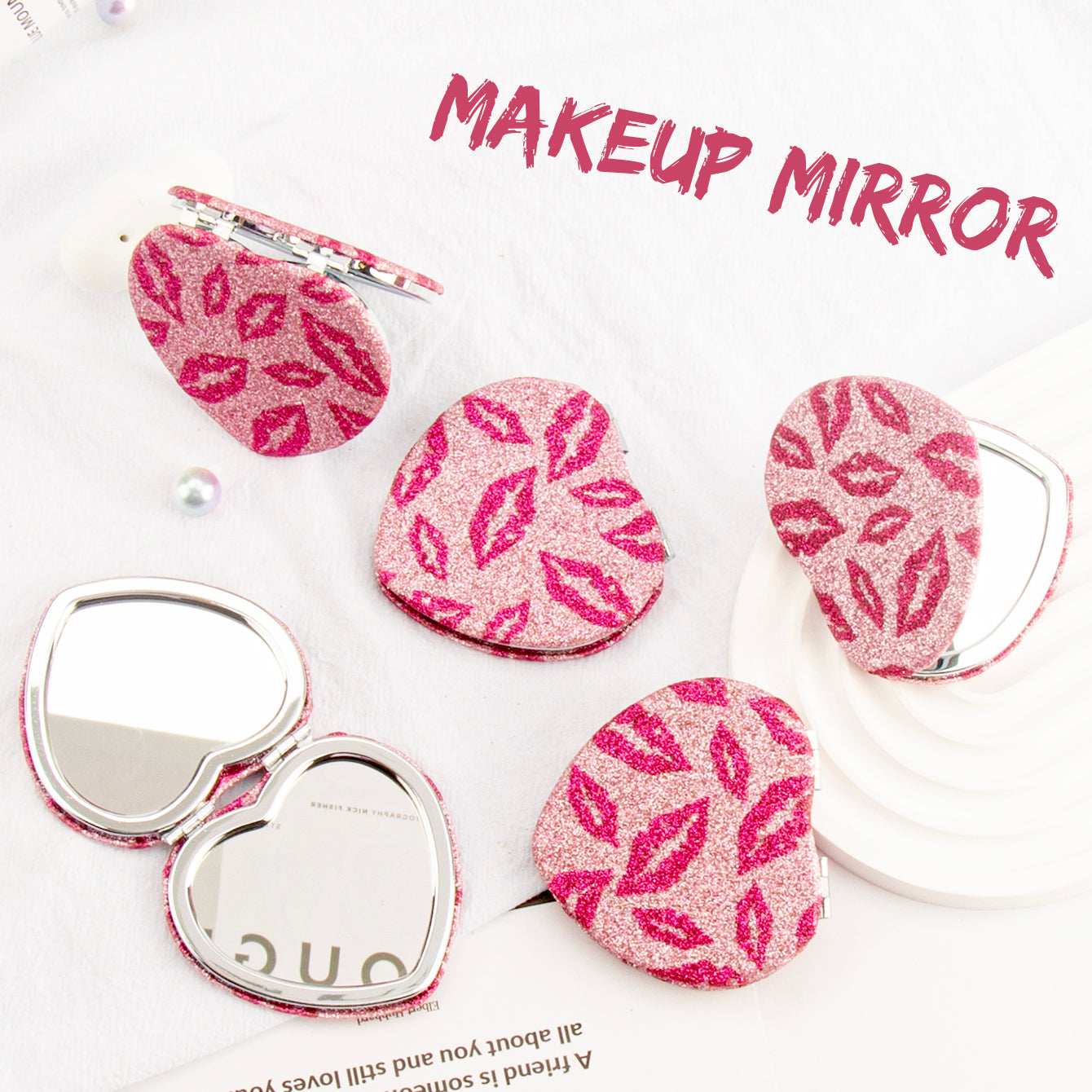 1 PC 65*65mm Heart-Shaped Double-Sided Folding Makeup Mirror Compact With Lip Print Design Perfect For Precision Makeup Ideal Gift For Mother Daughter Sister Girlfriend Suitable For Home Office Travel And More