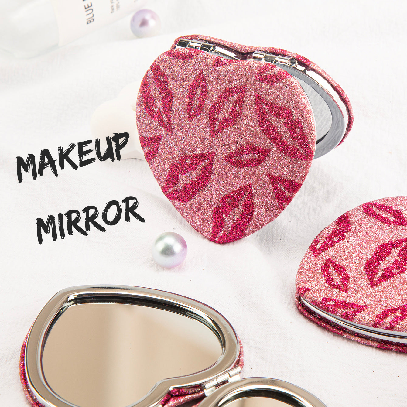 1 PC 65*65mm Heart-Shaped Double-Sided Folding Makeup Mirror Compact With Lip Print Design Perfect For Precision Makeup Ideal Gift For Mother Daughter Sister Girlfriend Suitable For Home Office Travel And More