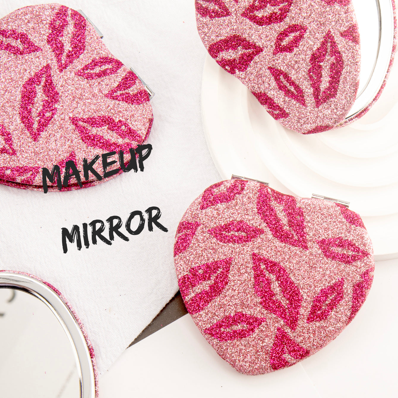 1 PC 65*65mm Heart-Shaped Double-Sided Folding Makeup Mirror Compact With Lip Print Design Perfect For Precision Makeup Ideal Gift For Mother Daughter Sister Girlfriend Suitable For Home Office Travel And More