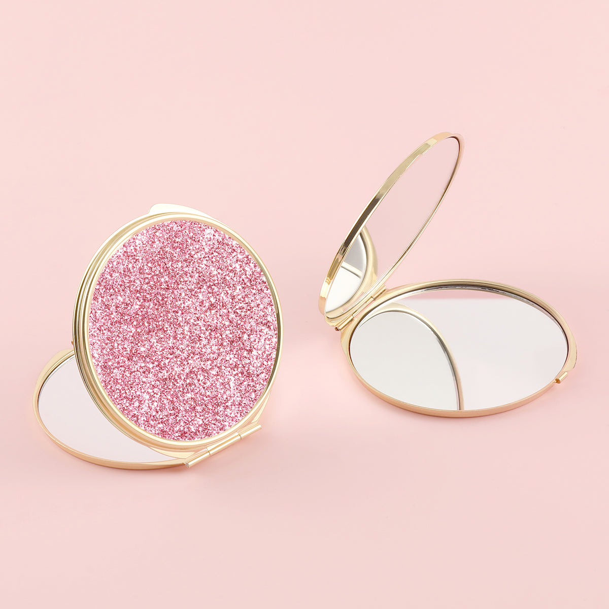 1 PC Round Double-Sided Metal Makeup Mirror Gold Frame With Shimmering Powder Decor Folding Design With 2X Magnification Ideal For Precision Makeup Perfect Gift For Mother Daughter Sister Girlfriend Suitable For Home Office Travel And More