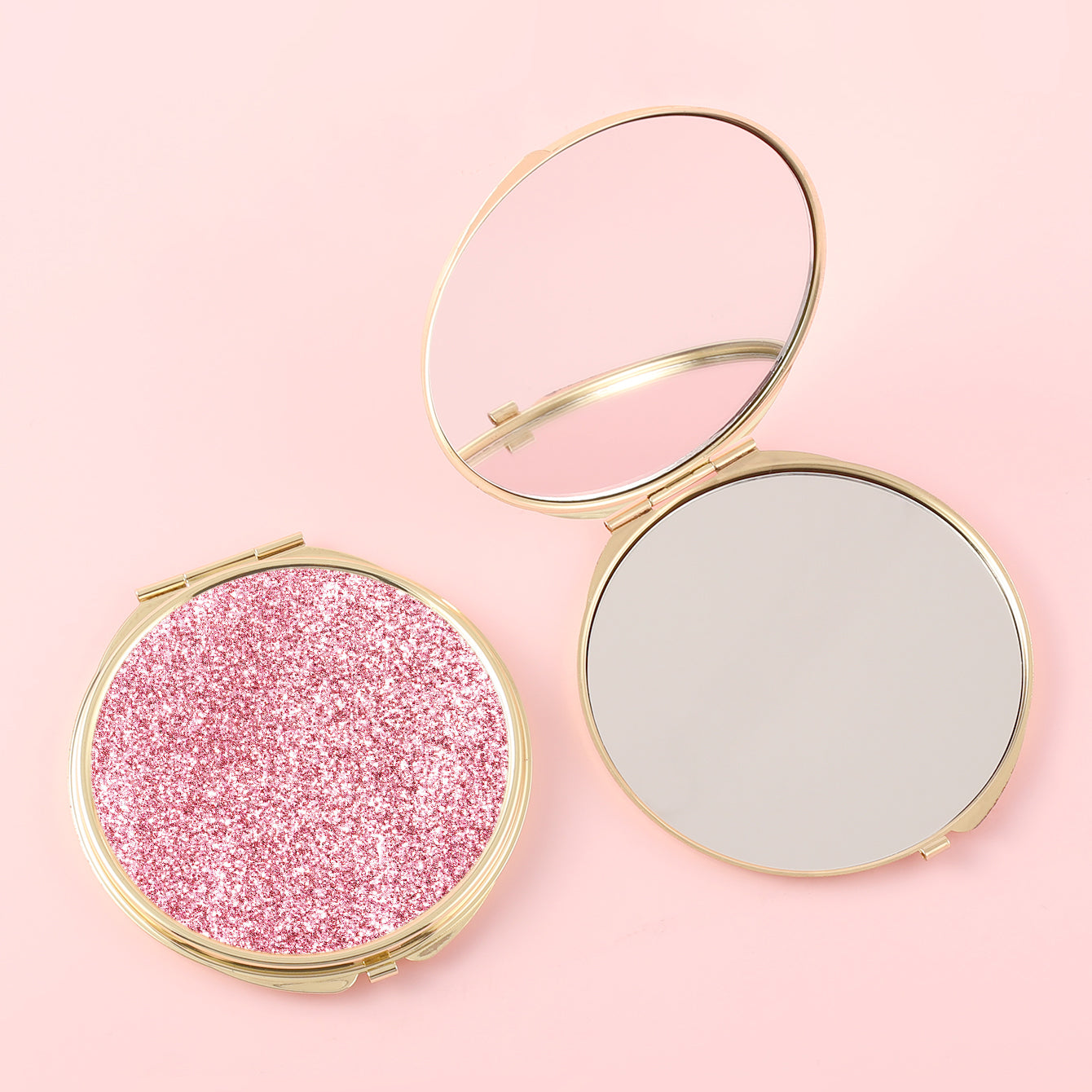 1 PC Round Double-Sided Metal Makeup Mirror Gold Frame With Shimmering Powder Decor Folding Design With 2X Magnification Ideal For Precision Makeup Perfect Gift For Mother Daughter Sister Girlfriend Suitable For Home Office Travel And More