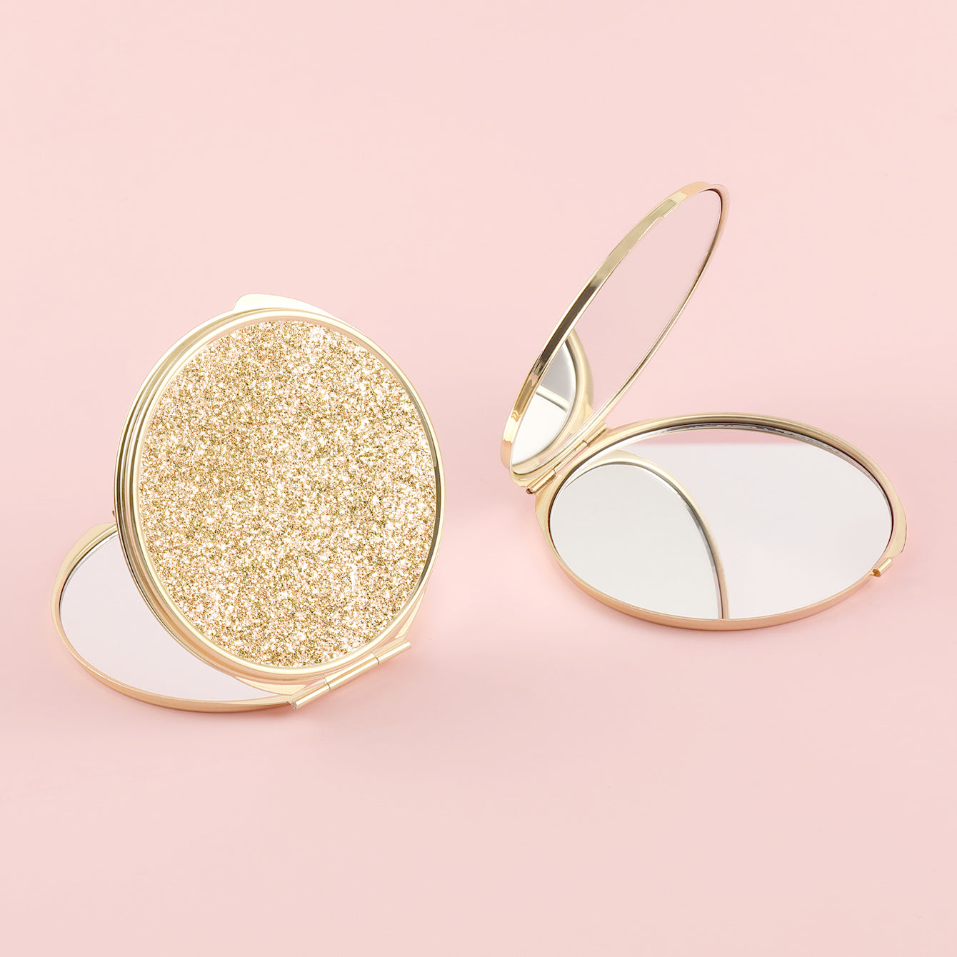 1 PC Round Double-Sided Metal Makeup Mirror Gold Frame With Shimmering Powder Decor Folding Design With 2X Magnification Ideal For Precision Makeup Perfect Gift For Mother Daughter Sister Girlfriend Suitable For Home Office Travel And More