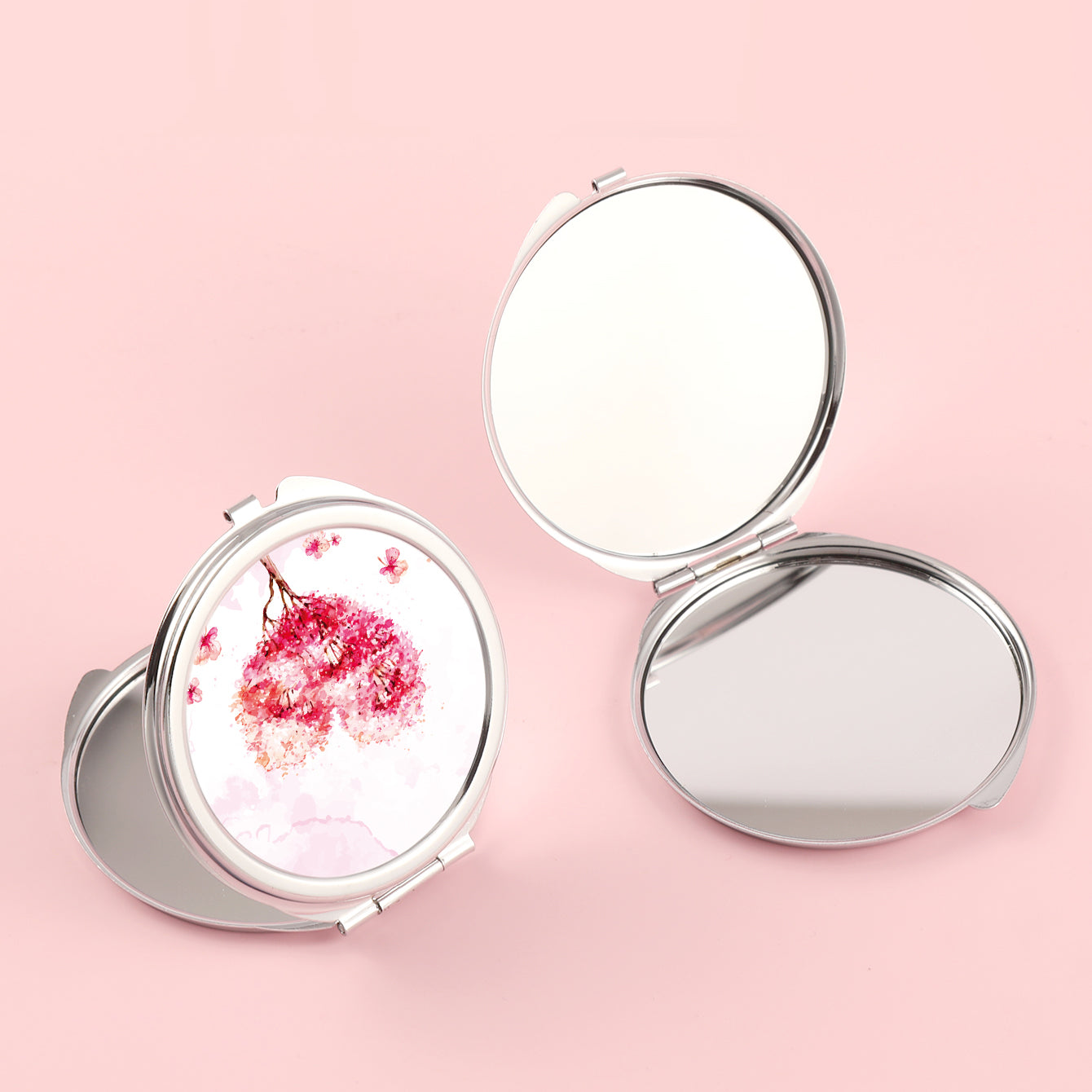 1 PC Round Silver Frame Makeup Mirror Pink Resin Decor Folding Double-Sided Design Perfect For Precision Makeup Ideal Gift For Mother Daughter Sister Girlfriend Suitable For Home Office Travel And More