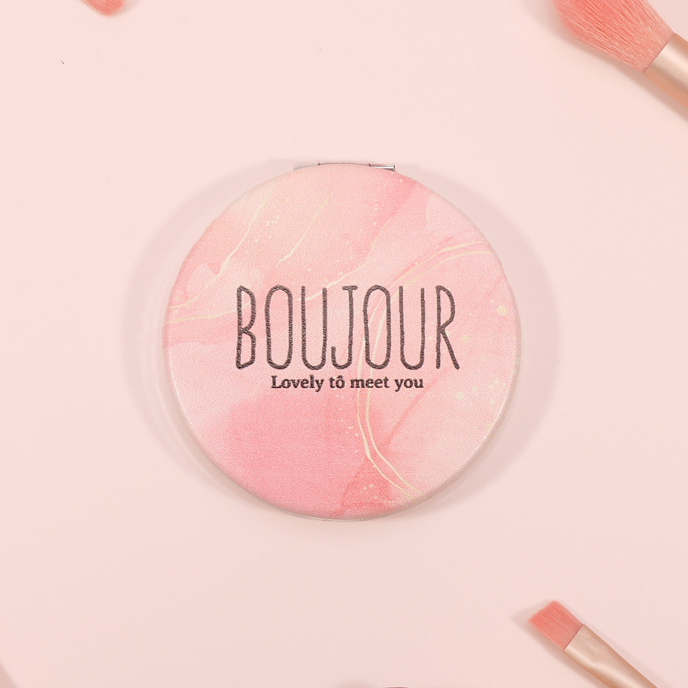 ✨ Elevate Your Style with Boujour ✨ — 60mm Circular Double-Sided Portable Makeup Mirror featuring chic INS-style lettering, 2x magnification, and sleek silver electroplating. In-stock and ready to ship, it's the perfect holiday gift for your friends!