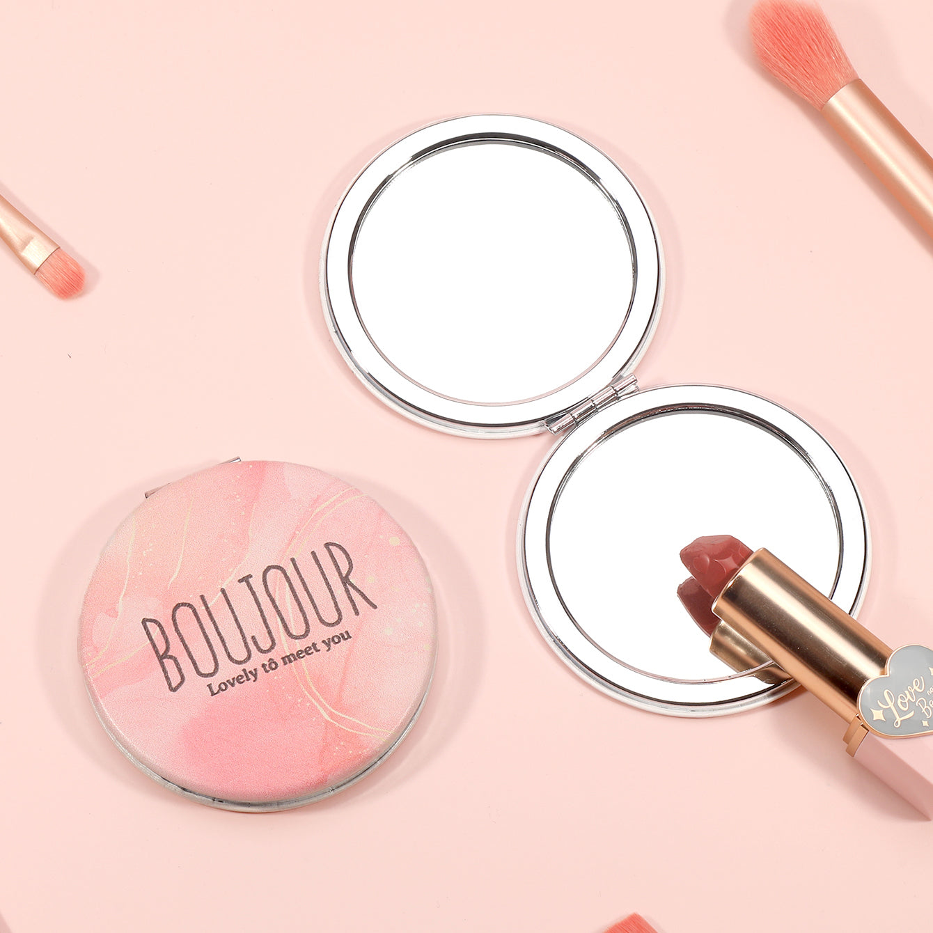 ✨ Elevate Your Style with Boujour ✨ — 60mm Circular Double-Sided Portable Makeup Mirror featuring chic INS-style lettering, 2x magnification, and sleek silver electroplating. In-stock and ready to ship, it's the perfect holiday gift for your friends!