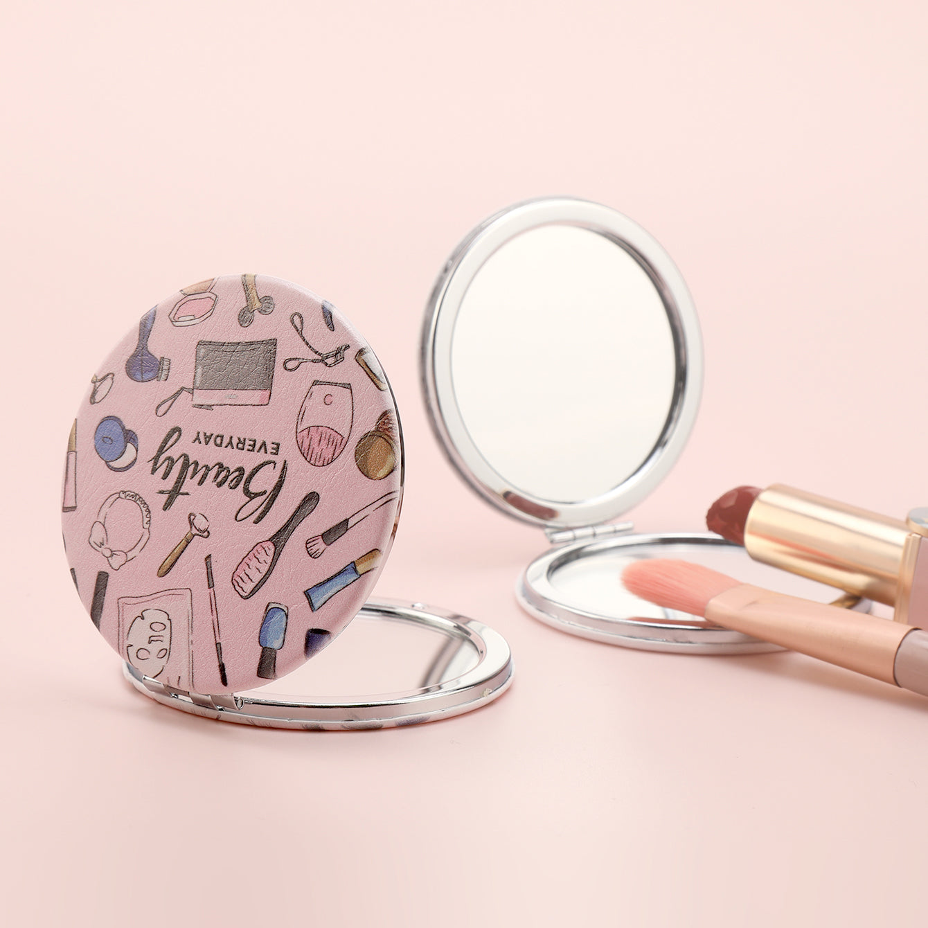 ✨ Elevate Your Beauty Game with Printed BEAUTY Text! 🌸 Compact & Chic at 70mm, our In-Stock Round Makeup Mirror is a Must-Have 💄 Double-sided for On-the-Go Glam, with 2x Magnification for Precision 🌈 Shiny Silver Electroplating Adds a Touch of Glam