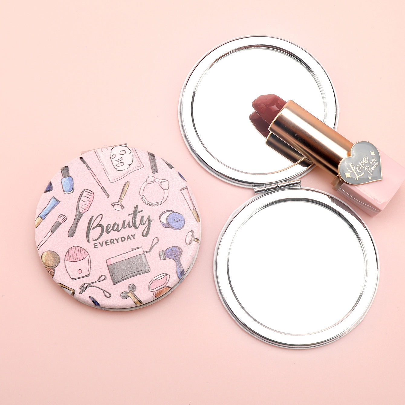 ✨ Elevate Your Beauty Game with Printed BEAUTY Text! 🌸 Compact & Chic at 70mm, our In-Stock Round Makeup Mirror is a Must-Have 💄 Double-sided for On-the-Go Glam, with 2x Magnification for Precision 🌈 Shiny Silver Electroplating Adds a Touch of Glam