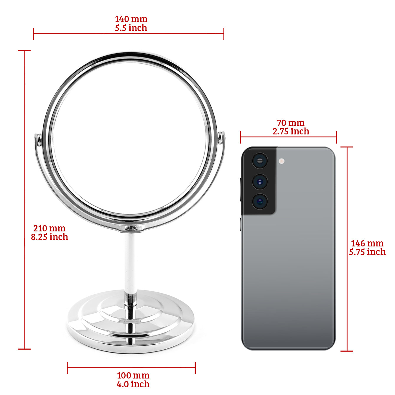 140*210mm Round Vanity Mirror, 360-Degree Rotation, In-stock Silver, Silver Plating, 3X Magnification