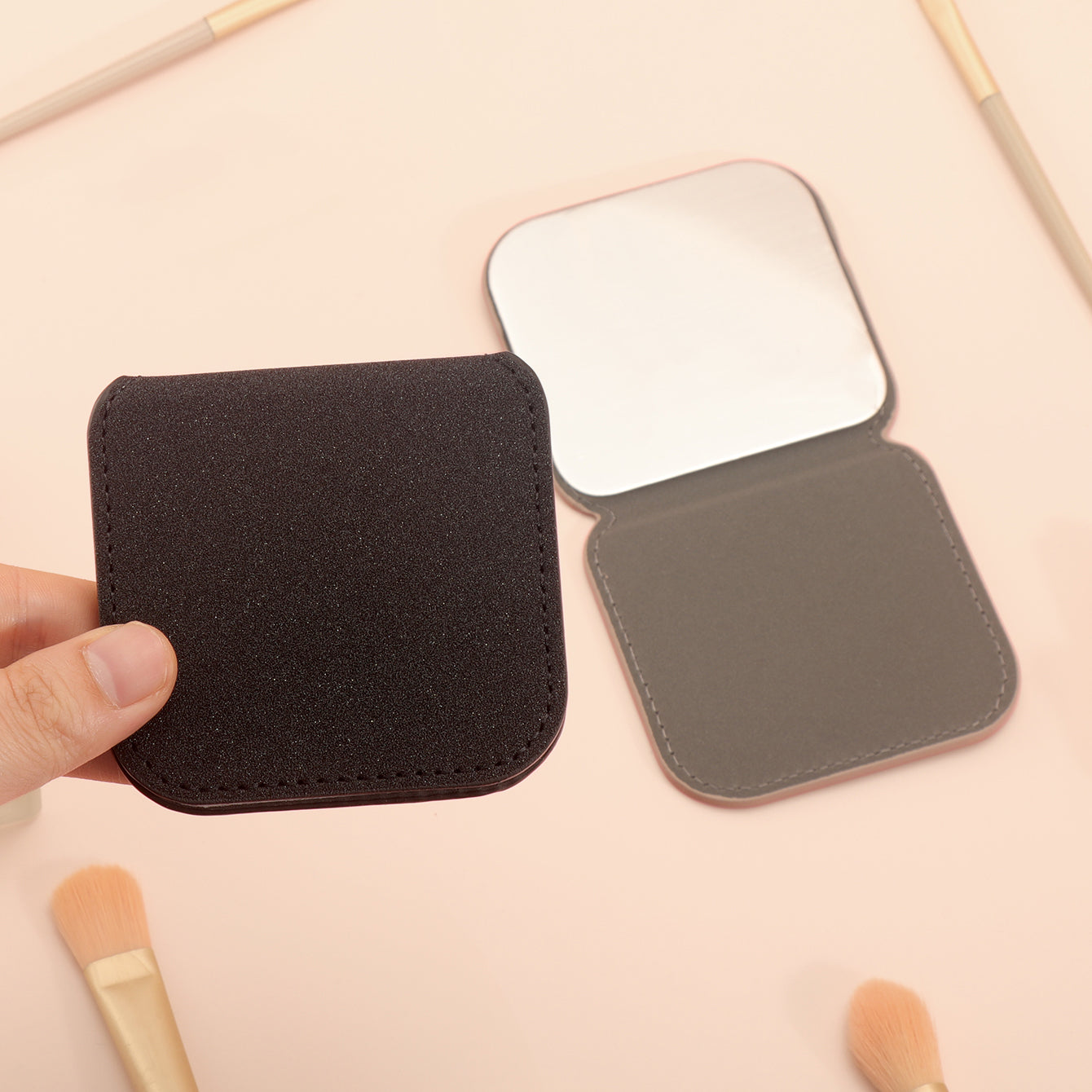 Fashionable INS Style! Eco-friendly Leather Wrap in Solid Colors, In-Stock Dimensions of 80*80mm. Portable Square-shaped Folding Makeup Mirror with Stainless Steel Lenses that are Rust-resistant and Shatterproof