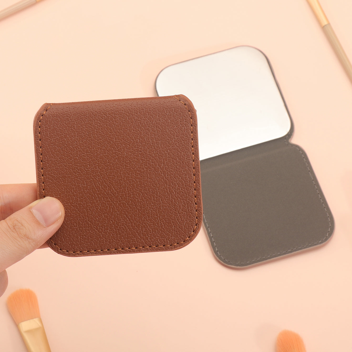 Fashionable INS Style! Eco-friendly Leather Wrap in Solid Colors, In-Stock Dimensions of 80*80mm. Portable Square-shaped Folding Makeup Mirror with Stainless Steel Lenses that are Rust-resistant and Shatterproof