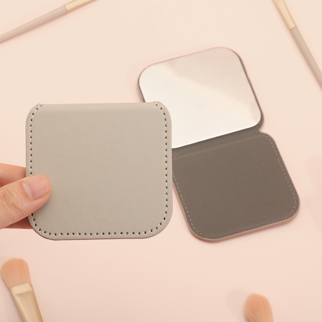 Fashionable INS Style! Eco-friendly Leather Wrap in Solid Colors, In-Stock Dimensions of 80*80mm. Portable Square-shaped Folding Makeup Mirror with Stainless Steel Lenses that are Rust-resistant and Shatterproof