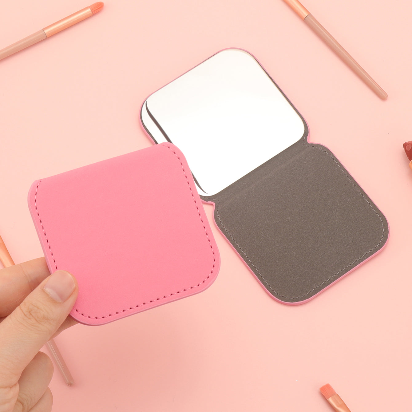 Fashionable INS Style! Eco-friendly Leather Wrap in Solid Colors, In-Stock Dimensions of 80*80mm. Portable Square-shaped Folding Makeup Mirror with Stainless Steel Lenses that are Rust-resistant and Shatterproof