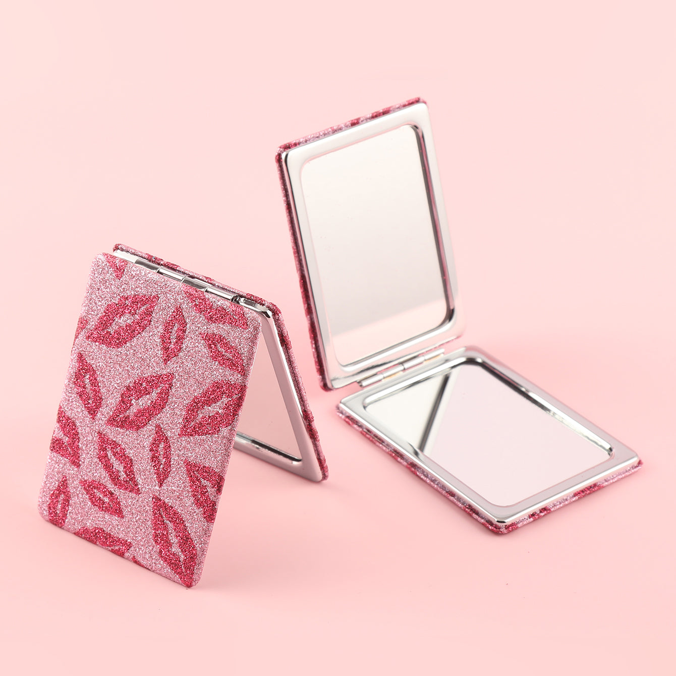 ✨ Pink Glitter Glam Compact Mirror ✨ Double-Sided HD Glass, Silver-Plated, Lips Pattern Design 🎁 The Perfect Holiday Gift for Friends! 🌟 #FashionBeauty #ShineBright #INSTrend