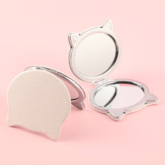 Exquisite Cat-Shaped Mirror, 60*75mm  White Leather Wrap, Metallic Frame, Silver Electroplating – Perfectly Compact for Your Makeup Must-Haves!