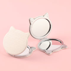 Exquisite Cat-Shaped Mirror, 60*75mm  White Leather Wrap, Metallic Frame, Silver Electroplating – Perfectly Compact for Your Makeup Must-Haves!