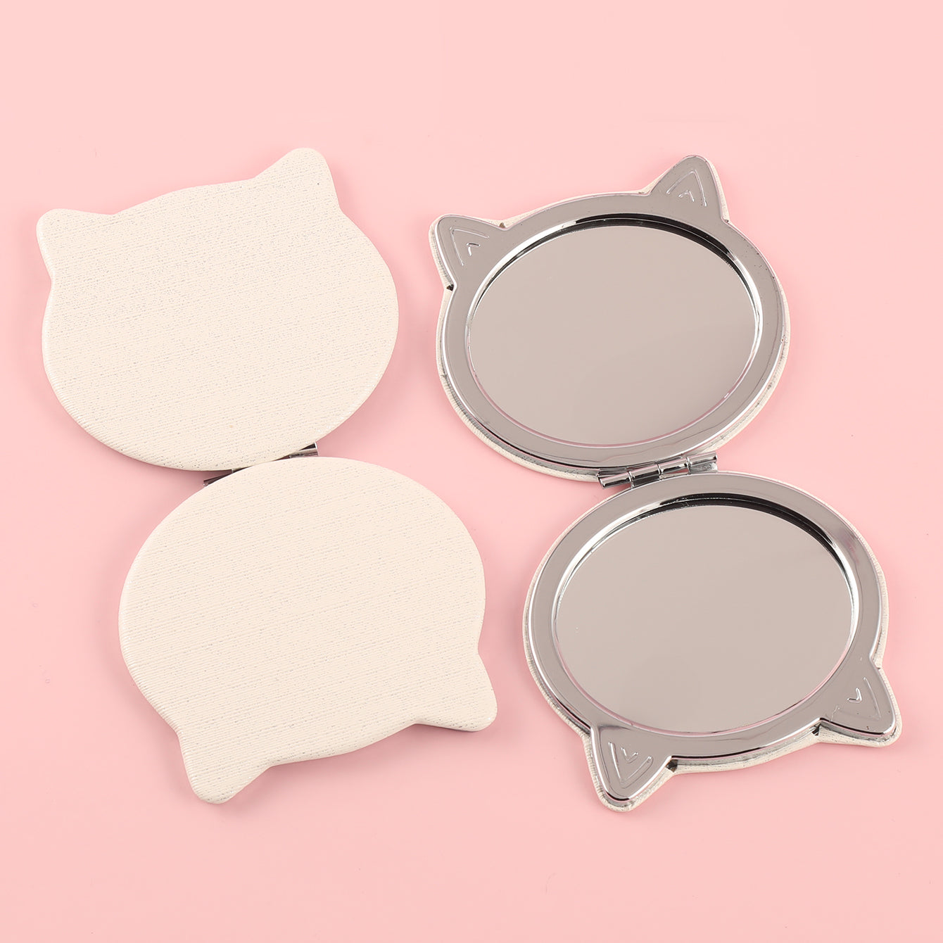 Exquisite Cat-Shaped Mirror, 60*75mm  White Leather Wrap, Metallic Frame, Silver Electroplating – Perfectly Compact for Your Makeup Must-Haves!