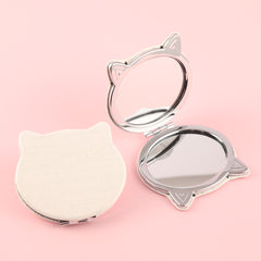 Exquisite Cat-Shaped Mirror, 60*75mm  White Leather Wrap, Metallic Frame, Silver Electroplating – Perfectly Compact for Your Makeup Must-Haves!