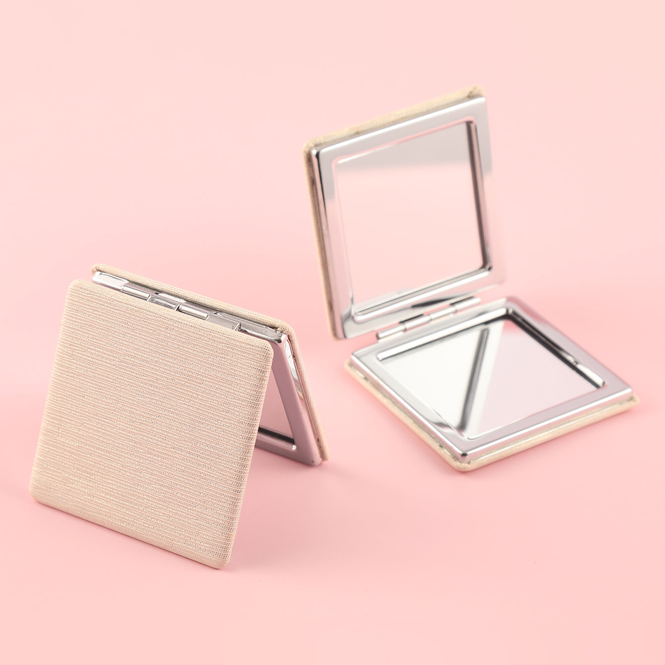 "Square White Eco-Friendly Makeup Mirror Encased in Premium PU Leather with 60x60mm Silver Metal Frame - Ideal Gift for Friends"