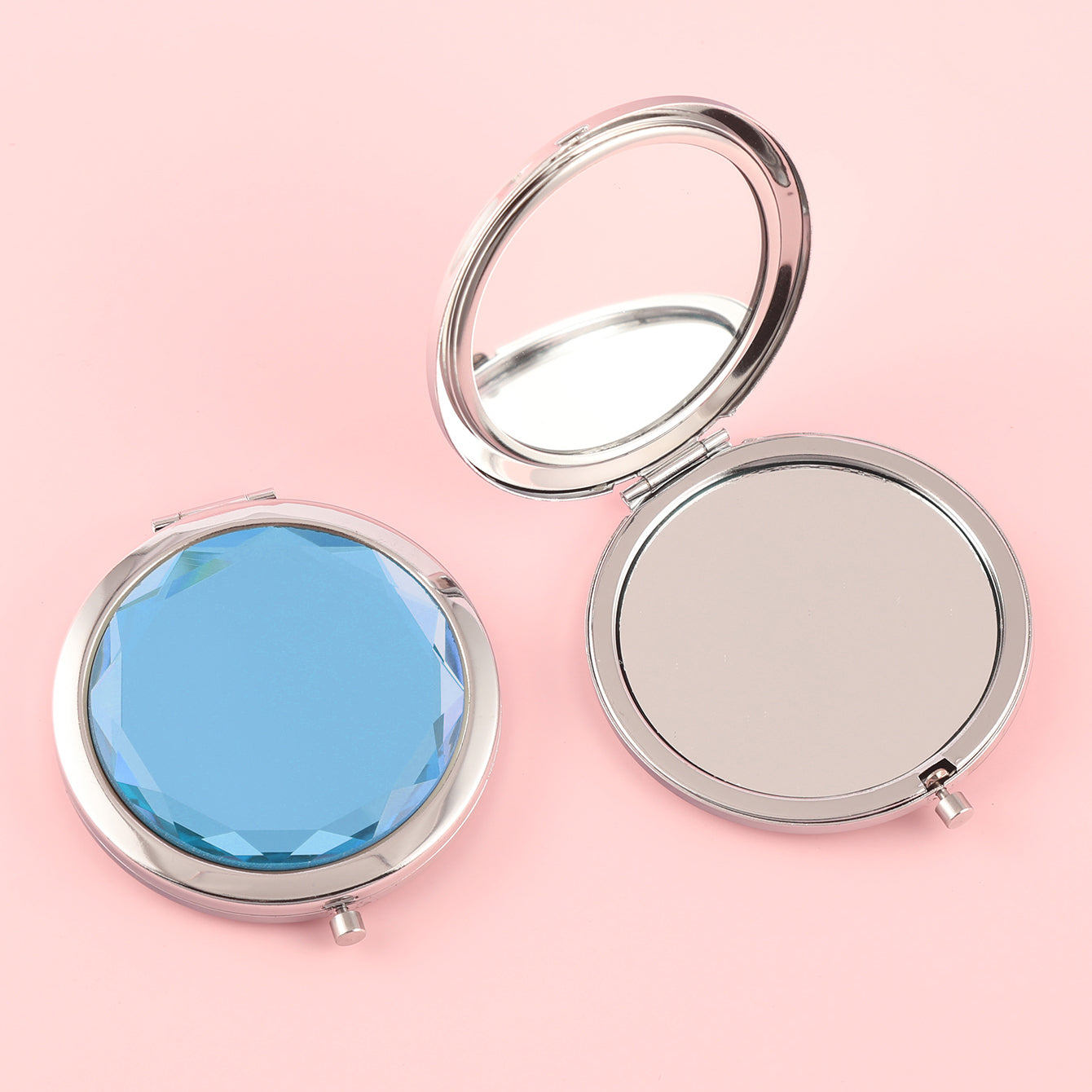 Dream Blue Crystal Glass Button Cosmetic Mirror, Light And Luxurious ,Silver Plating, Fashionable Metal Frame, Round Design Blooming Elegant Luster, Let Your Every Moment Shine Like A Gem，Available In Three Colors,Blue, Yellow and Pink