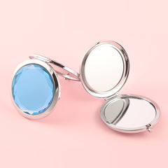 Dream Blue Crystal Glass Button Cosmetic Mirror, Light And Luxurious ,Silver Plating, Fashionable Metal Frame, Round Design Blooming Elegant Luster, Let Your Every Moment Shine Like A Gem，Available In Three Colors,Blue, Yellow and Pink