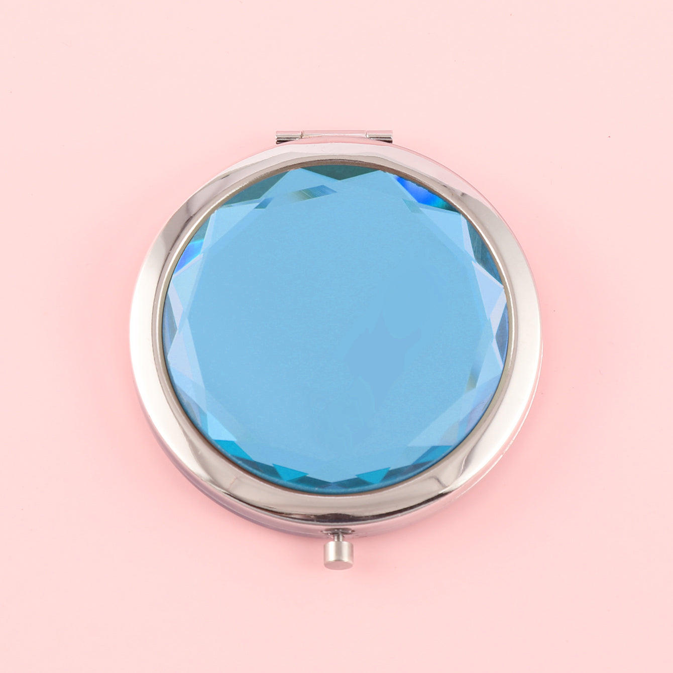 Dream Blue Crystal Glass Button Cosmetic Mirror, Light And Luxurious ,Silver Plating, Fashionable Metal Frame, Round Design Blooming Elegant Luster, Let Your Every Moment Shine Like A Gem，Available In Three Colors,Blue, Yellow and Pink