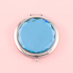 Dream Blue Crystal Glass Button Cosmetic Mirror, Light And Luxurious ,Silver Plating, Fashionable Metal Frame, Round Design Blooming Elegant Luster, Let Your Every Moment Shine Like A Gem，Available In Three Colors,Blue, Yellow and Pink