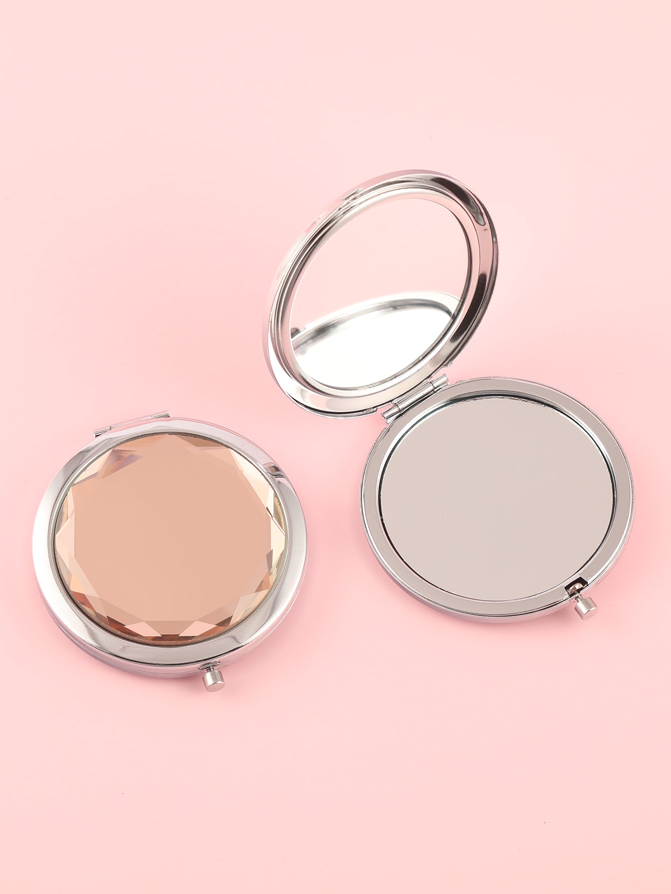 Dream Blue Crystal Glass Button Cosmetic Mirror, Light And Luxurious ,Silver Plating, Fashionable Metal Frame, Round Design Blooming Elegant Luster, Let Your Every Moment Shine Like A Gem，Available In Three Colors,Blue, Yellow and Pink