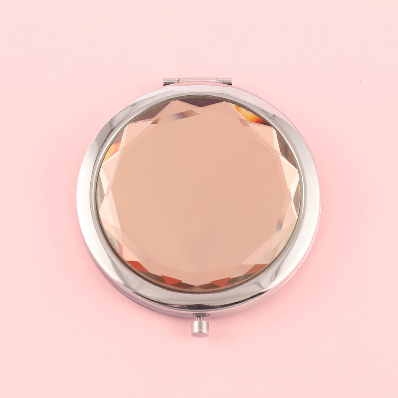 Dream Blue Crystal Glass Button Cosmetic Mirror, Light And Luxurious ,Silver Plating, Fashionable Metal Frame, Round Design Blooming Elegant Luster, Let Your Every Moment Shine Like A Gem，Available In Three Colors,Blue, Yellow and Pink