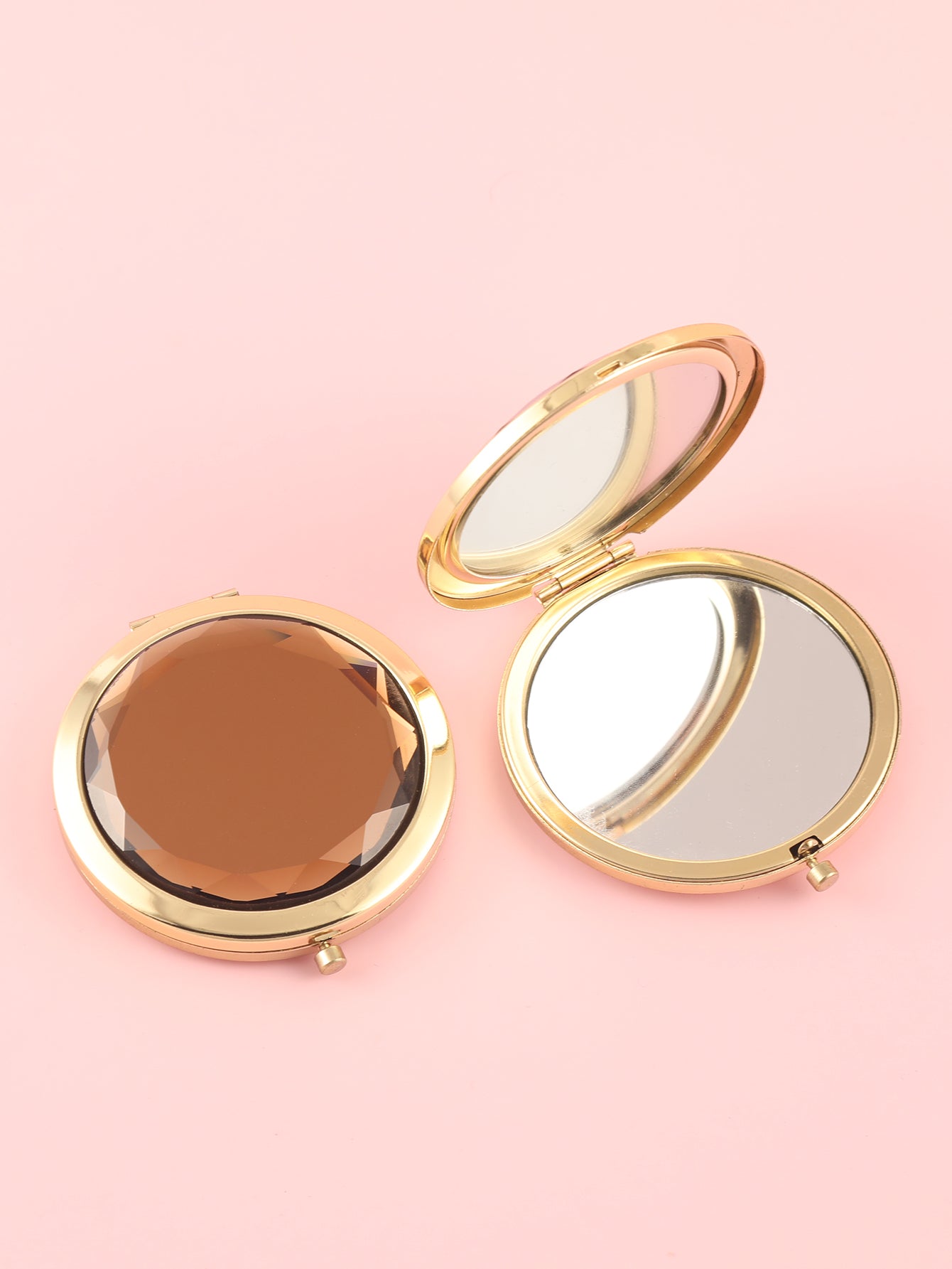 Dream Blue Crystal Glass Button Cosmetic Mirror, Light And Luxurious ,Silver Plating, Fashionable Metal Frame, Round Design Blooming Elegant Luster, Let Your Every Moment Shine Like A Gem，Available In Three Colors,Blue, Yellow and Pink