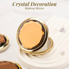 Dream Blue Crystal Glass Button Cosmetic Mirror, Light And Luxurious ,Silver Plating, Fashionable Metal Frame, Round Design Blooming Elegant Luster, Let Your Every Moment Shine Like A Gem，Available In Three Colors,Blue, Yellow and Pink