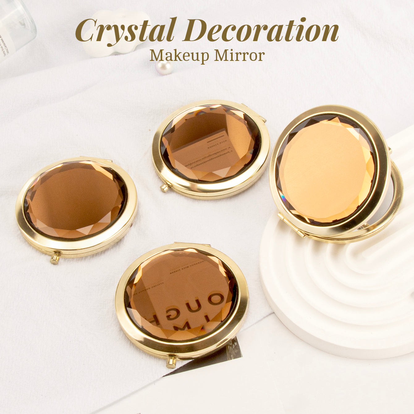 Dream Blue Crystal Glass Button Cosmetic Mirror, Light And Luxurious ,Silver Plating, Fashionable Metal Frame, Round Design Blooming Elegant Luster, Let Your Every Moment Shine Like A Gem，Available In Three Colors,Blue, Yellow and Pink