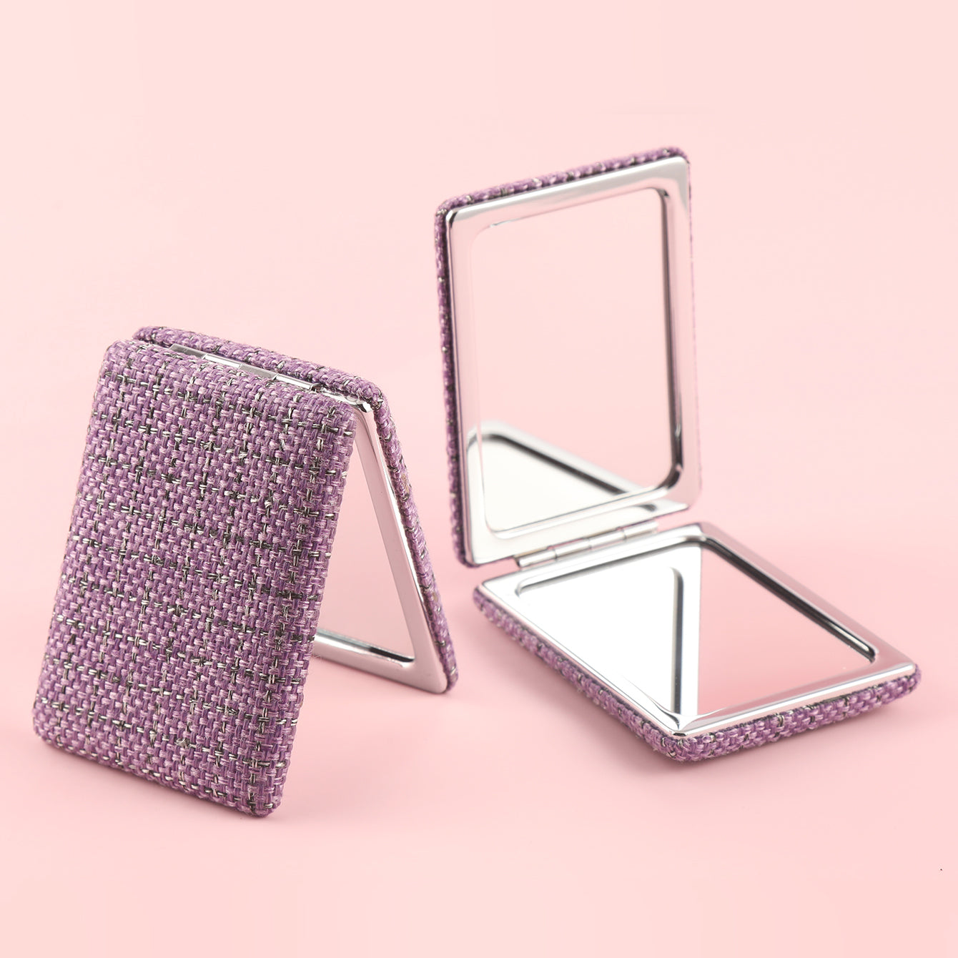 Chic 85*62mm Fabric Square Grid Makeup Mirror with Plating Silver Metal Frame, Available in White, Purple, and Khaki. Perfect for a refined look anytime, anywhere