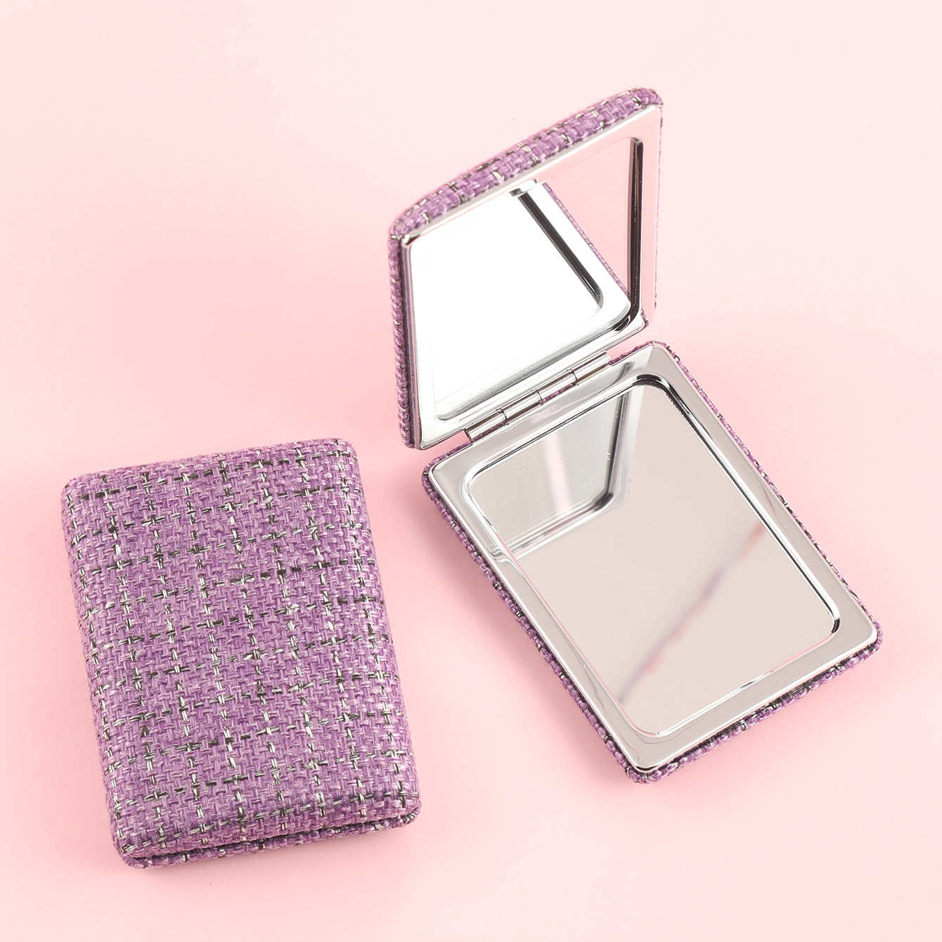 Chic 85*62mm Fabric Square Grid Makeup Mirror with Plating Silver Metal Frame, Available in White, Purple, and Khaki. Perfect for a refined look anytime, anywhere