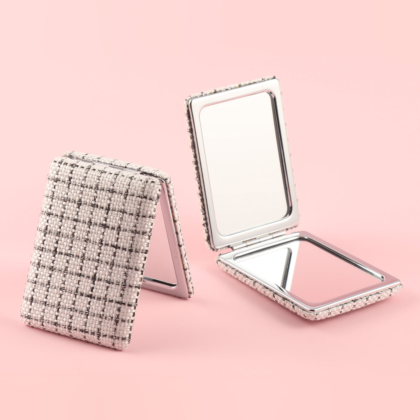 Chic 85*62mm Fabric Square Grid Makeup Mirror with Plating Silver Metal Frame, Available in White, Purple, and Khaki. Perfect for a refined look anytime, anywhere