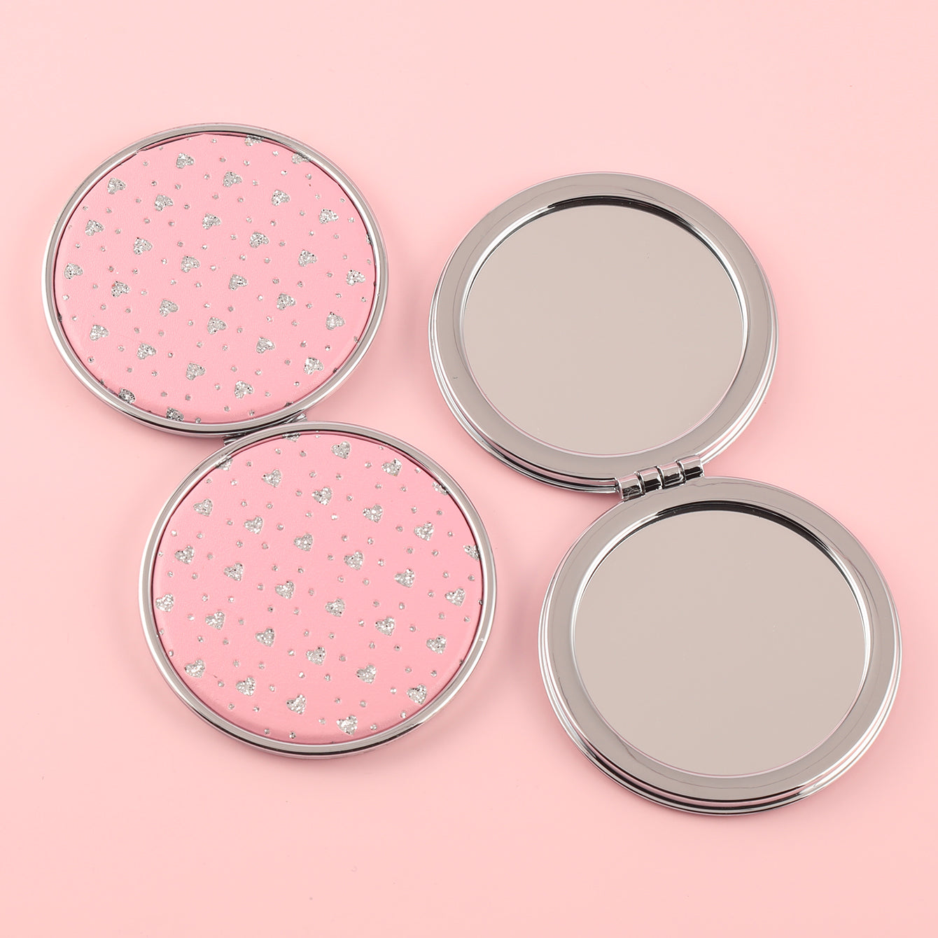 Shining Enviromental Protection, loving PU Glitte Leather Round Cosmetic Mirror, HD Lenses, Silver Plating Metal Frame, Showing Your Beauty and Love.