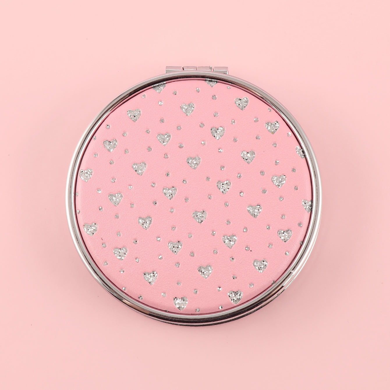 Shining Enviromental Protection, loving PU Glitte Leather Round Cosmetic Mirror, HD Lenses, Silver Plating Metal Frame, Showing Your Beauty and Love.