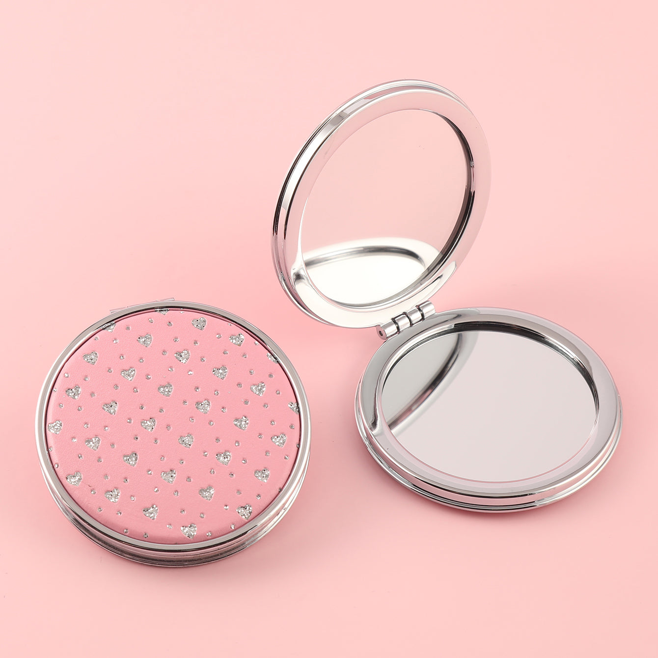 Shining Enviromental Protection, loving PU Glitte Leather Round Cosmetic Mirror, HD Lenses, Silver Plating Metal Frame, Showing Your Beauty and Love.