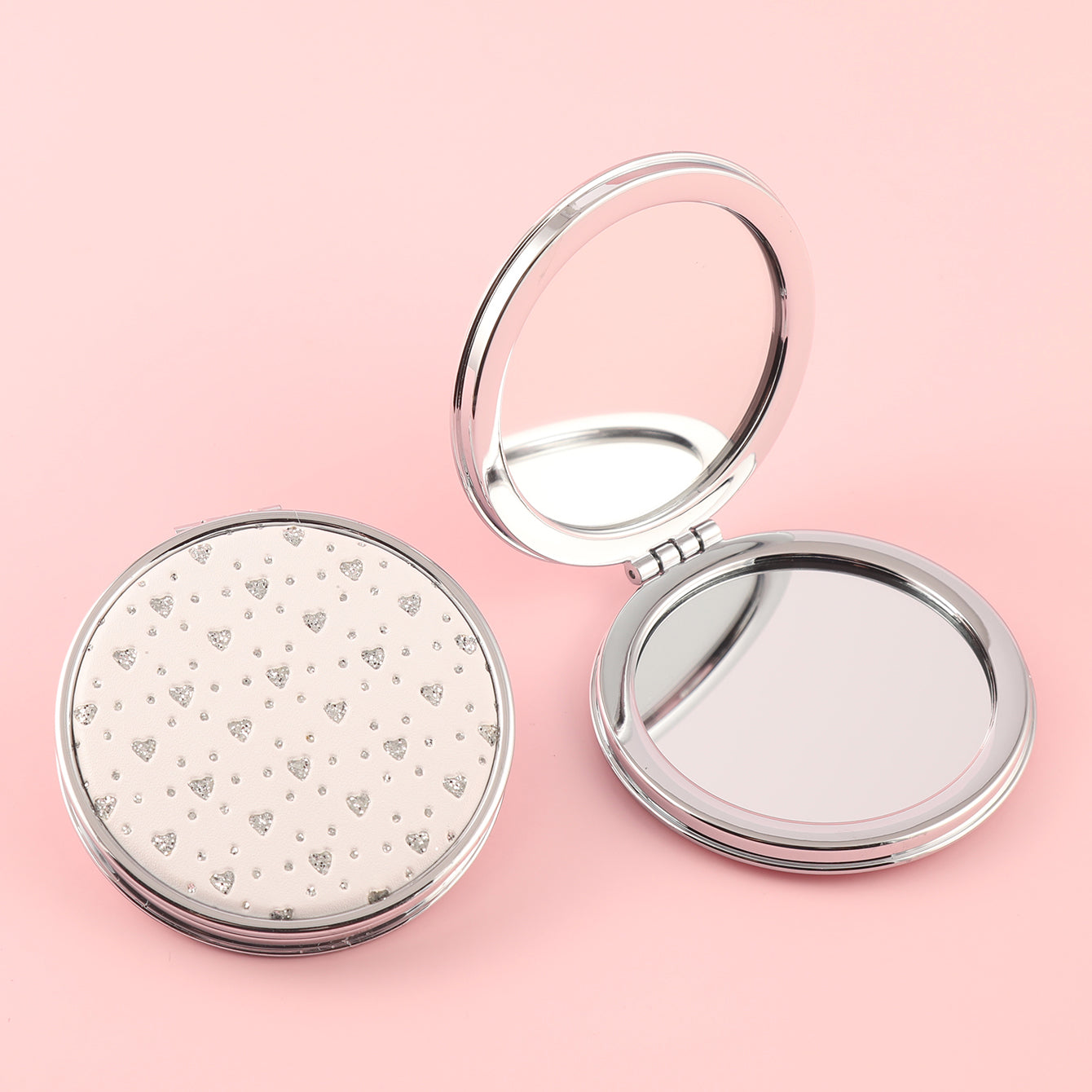 Shining Enviromental Protection, loving PU Glitte Leather Round Cosmetic Mirror, HD Lenses, Silver Plating Metal Frame, Showing Your Beauty and Love.