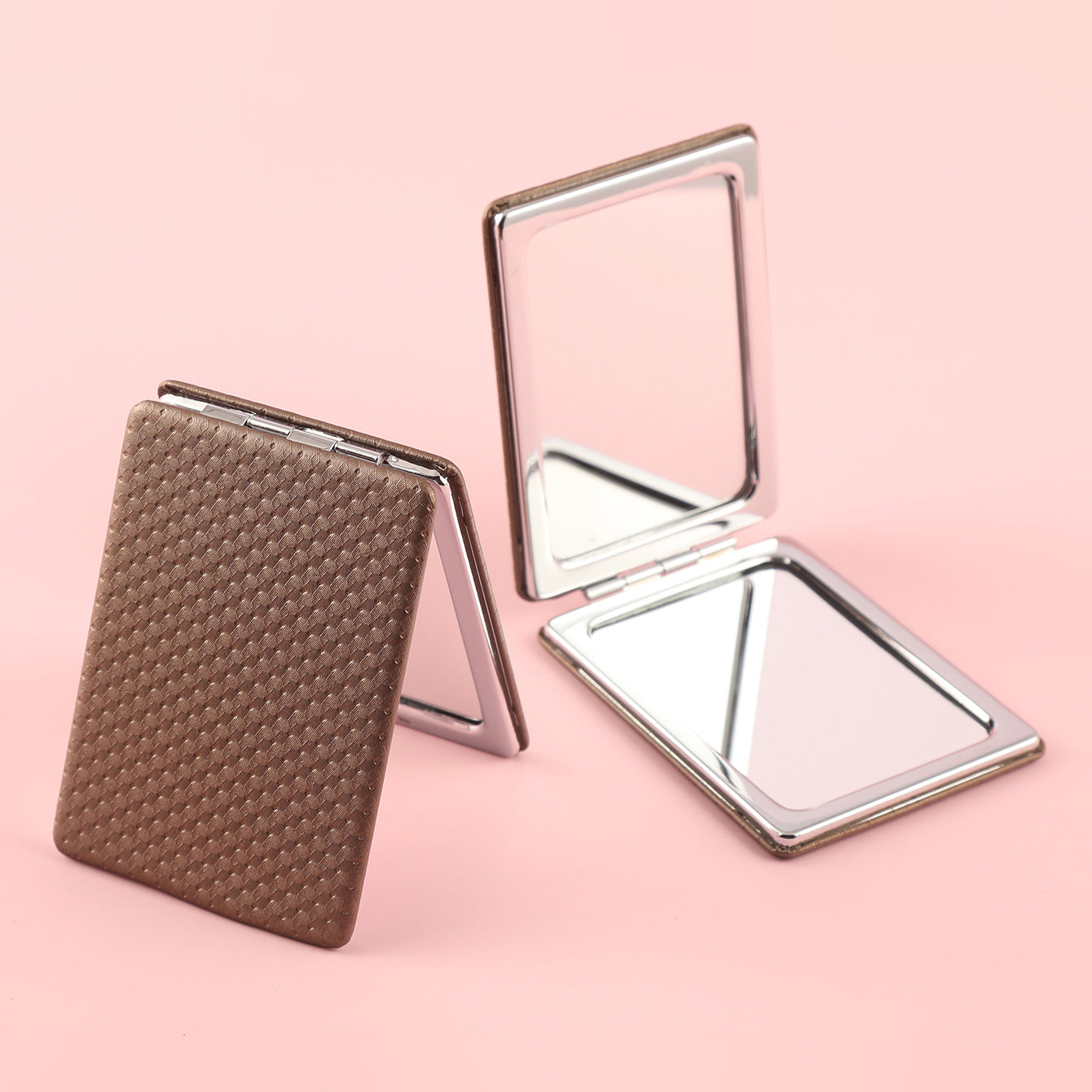 Chic Eco-friendly PU Leather Makeup Mirror with HD Glass, Plating Silver, Metal Frame (SIZE:62*85mm), There Are Four Colors Available In Silver, Brown, Pink, Khaki.