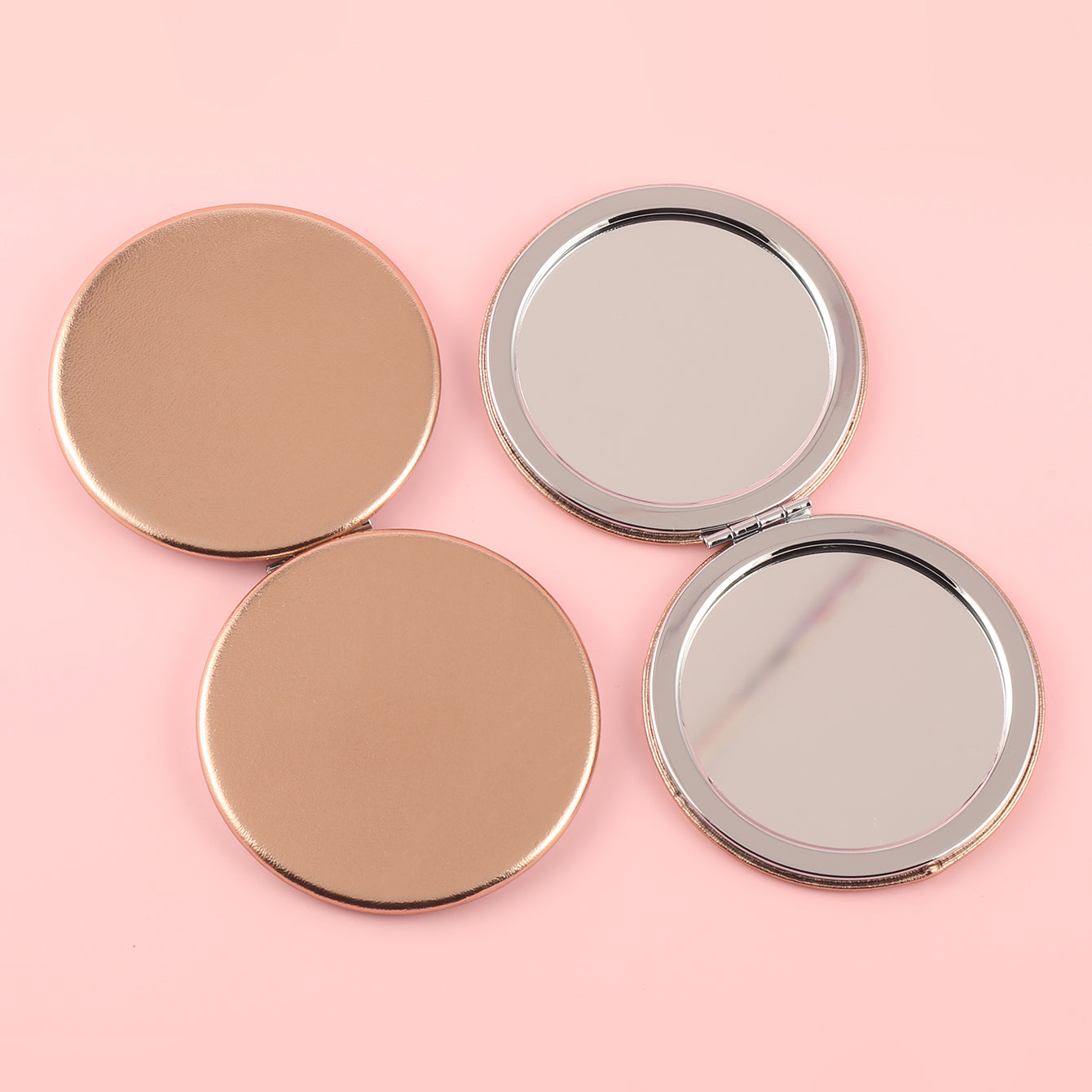 The 70*70mm Round Cosmetic Mirror is Made of Eco-friendly PU Leather, with a HD Glass Mirror and an Plating Silver Metal Frame, Showing the Perfect Combination of Pure Beauty, Environmental Protection, and Elegant Beauty