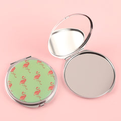 Classic Flamingo Epoxy Design: 70*70mm Circular Makeup Mirror with Plating Silver Metal Frame and HD Glass Mirror, Crafted to Perfectly Enhance Every Moment of Beauty