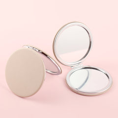 70*70mm Round Cosmetic Mirror, Plating Silver Metal Frame and Eco-Friendly PU Leather, HD Glass, Fashionable Design, Perfect Match for Your Beauty Table