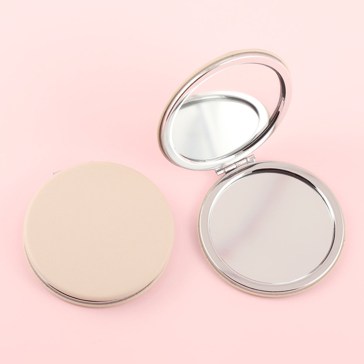 70*70mm Round Cosmetic Mirror, Plating Silver Metal Frame and Eco-Friendly PU Leather, HD Glass, Fashionable Design, Perfect Match for Your Beauty Table