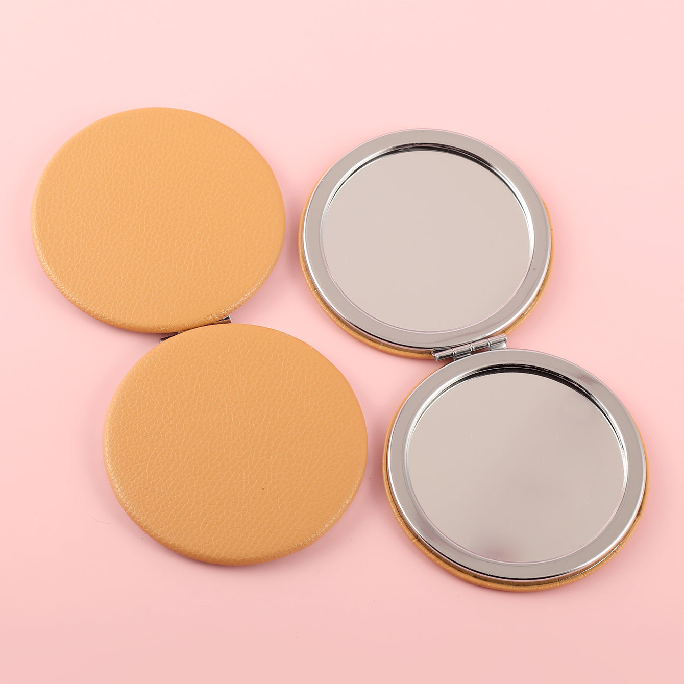 Yellow PU Leather, Paired with HD Glass Mirror and Plating Silver Metal Frames, Create a Light and Luxurious 70*70mm Round Cosmetic Mirror, with Exquisite Quality and Full Taste