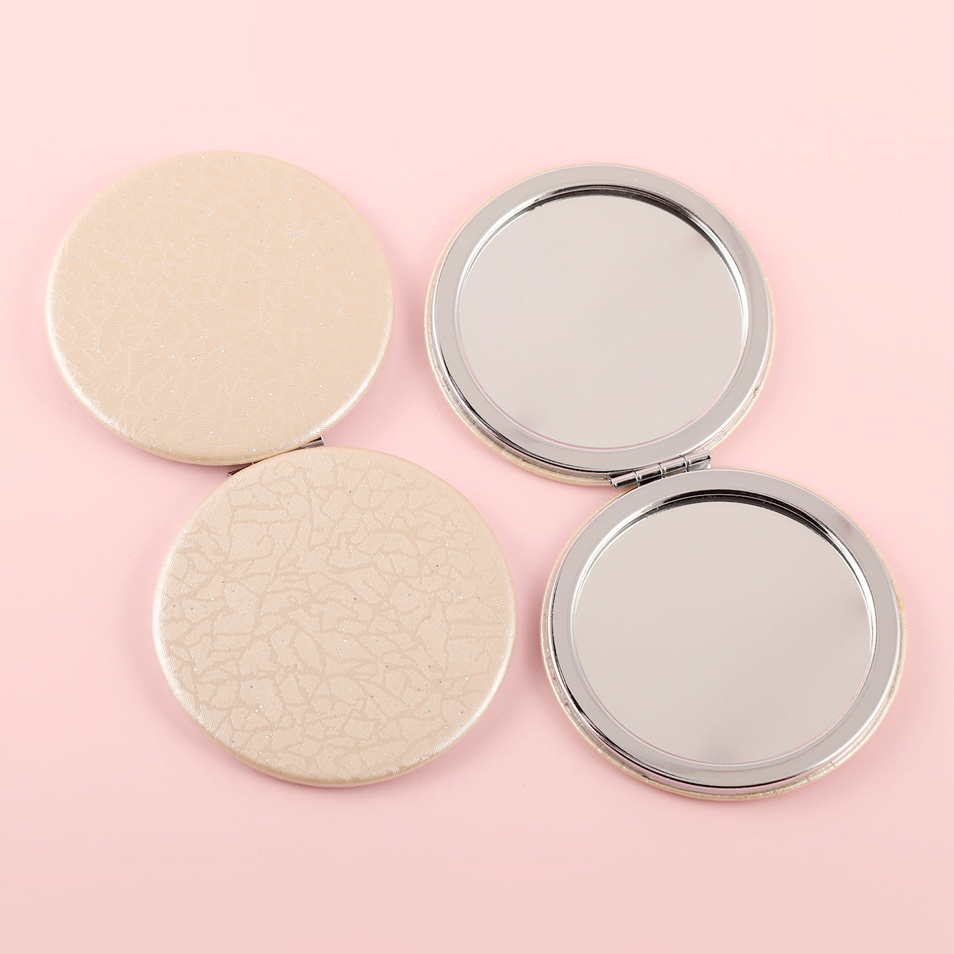 PU Glitte Textured Cosmetic Mirror, HD Glass Mirror with Plating Silver Metal Frame, Beautiful Round Design, Size 70*70mm, Exquisite Details, Early Access to the Trend