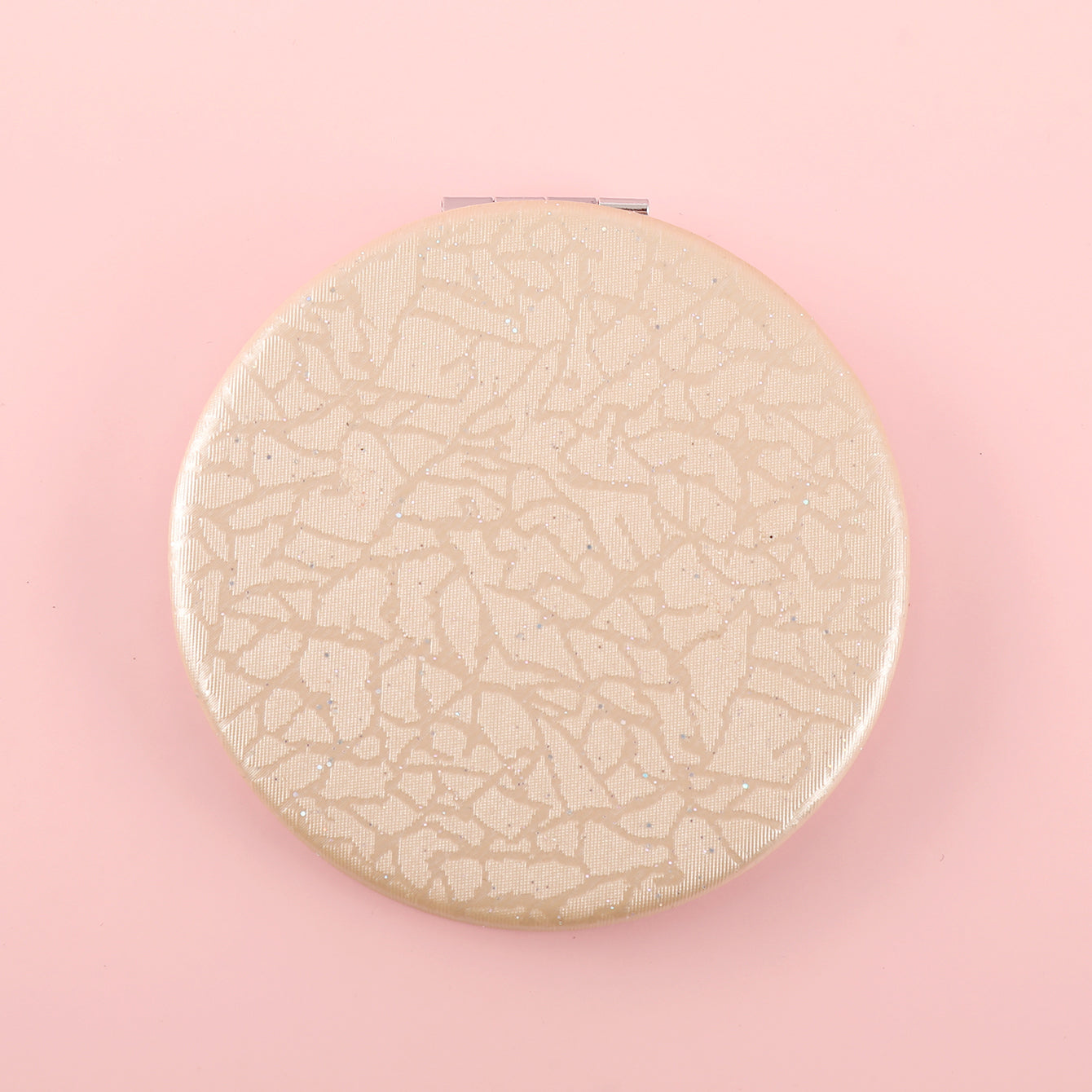 PU Glitte Textured Cosmetic Mirror, HD Glass Mirror with Plating Silver Metal Frame, Beautiful Round Design, Size 70*70mm, Exquisite Details, Early Access to the Trend