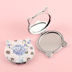 Fashionable PU Eco-Friendly Leather Printed Cosmetic Mirror, HD Glass Mirror, Plating Silver Metal Frame, Cute Cat Head Shape, Size 75*70mm, Good Gift Choice