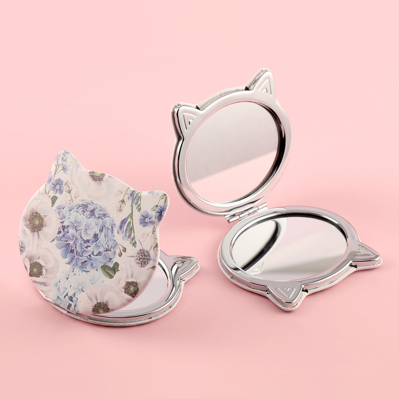 Fashionable PU Eco-Friendly Leather Printed Cosmetic Mirror, HD Glass Mirror, Plating Silver Metal Frame, Cute Cat Head Shape, Size 75*70mm, Good Gift Choice