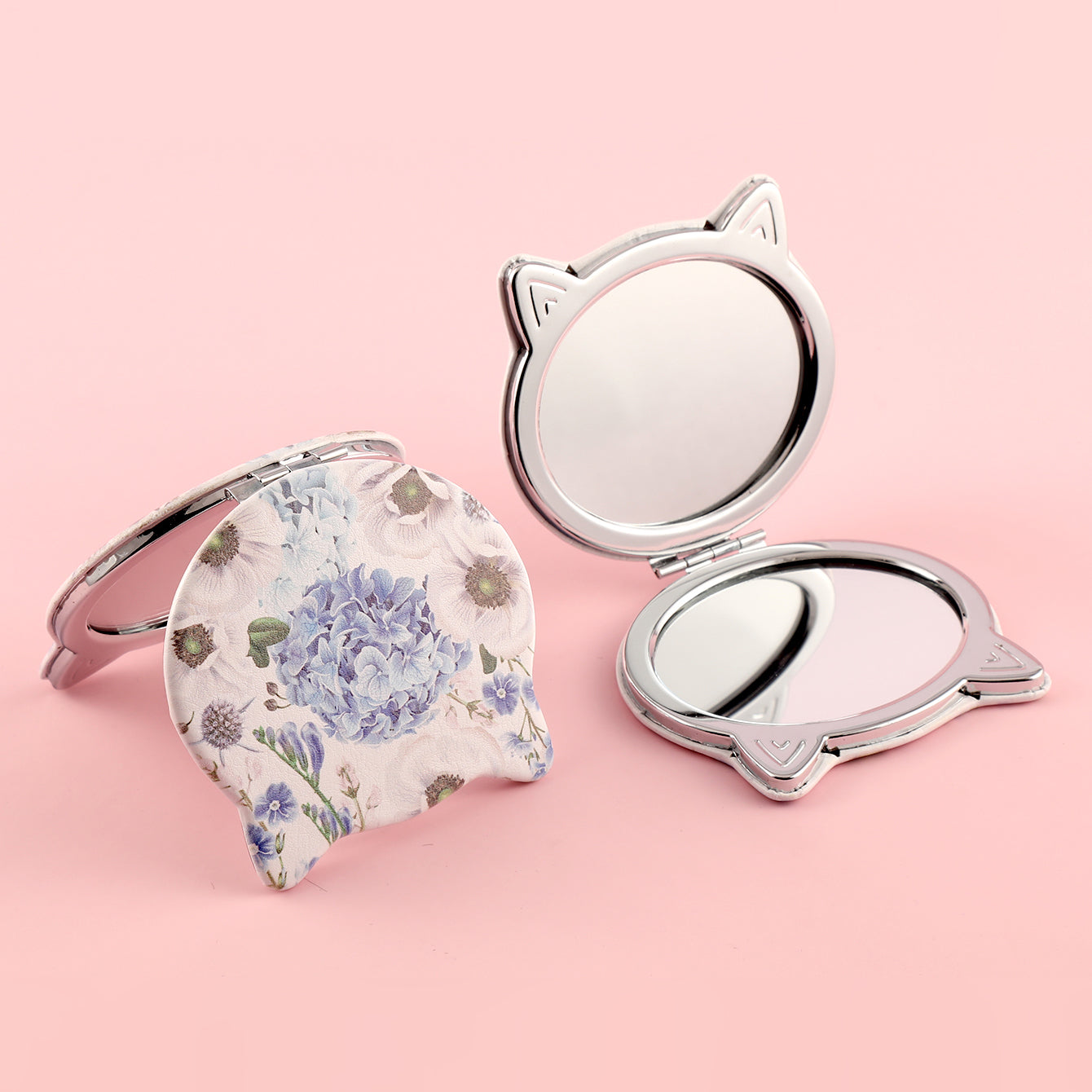 Fashionable PU Eco-Friendly Leather Printed Cosmetic Mirror, HD Glass Mirror, Plating Silver Metal Frame, Cute Cat Head Shape, Size 75*70mm, Good Gift Choice